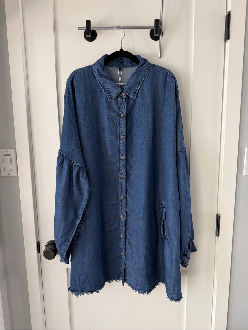 Washed Blue Denim Button-Up Tunic Shirt